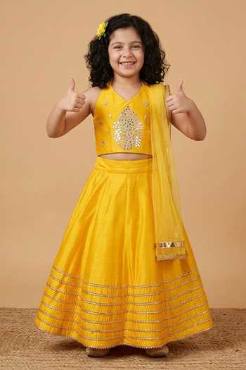 Buy_Byb Premium_Yellow Silk, Chiffon Gota Patti, Pearls Embroidered Blouse Lehenga Set _Online_at_Aza_Fashions