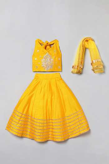 Shop_Byb Premium_Yellow Silk, Chiffon Gota Patti, Pearls Embroidered Blouse Lehenga Set _Online_at_Aza_Fashions