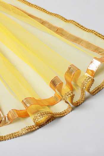 Byb Premium_Yellow Silk, Chiffon Gota Patti, Pearls Embroidered Blouse Lehenga Set _at_Aza_Fashions