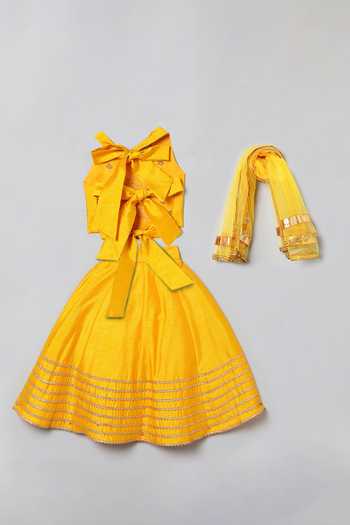 Buy_Byb Premium_Yellow Silk, Chiffon Gota Patti, Pearls Embroidered Blouse Lehenga Set 