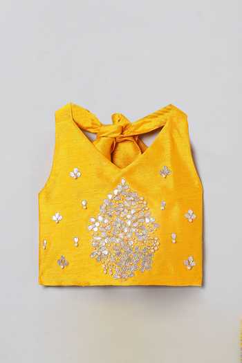 Shop_Byb Premium_Yellow Silk, Chiffon Gota Patti, Pearls Embroidered Blouse Lehenga Set 