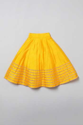 Byb Premium_Yellow Silk, Chiffon Gota Patti, Pearls Embroidered Blouse Lehenga Set _Online