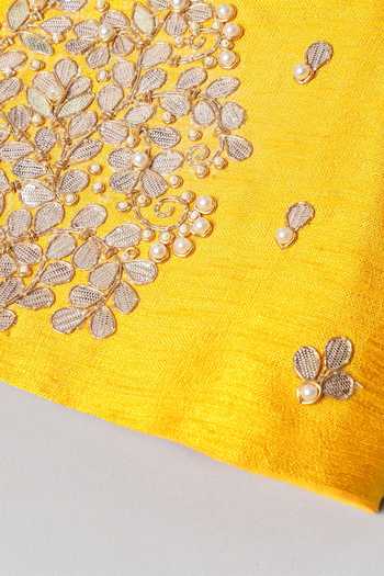 Shop_Byb Premium_Yellow Silk, Chiffon Gota Patti, Pearls Embroidered Blouse Lehenga Set _Online