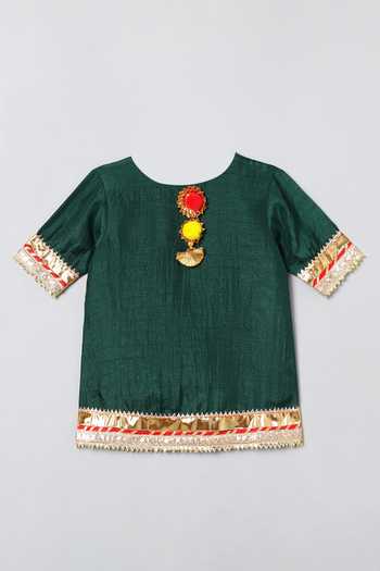 Byb Premium_Green Chiffon Gota Patti, Pom-poms Round Neck Kurta Lehenga Set _at_Aza_Fashions