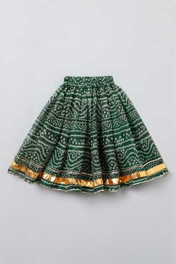 Buy_Byb Premium_Green Chiffon Gota Patti, Pom-poms Round Neck Kurta Lehenga Set 