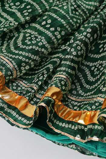 Byb Premium_Green Chiffon Gota Patti, Pom-poms Round Neck Kurta Lehenga Set 
