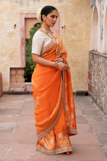 Shop_Zal From Benaras_Orange Silk Handloom Saree With Unstitched Blouse Fabric _at_Aza_Fashions