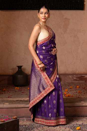 Shop_Zal From Benaras_Purple Silk Handloom Saree With Unstitched Blouse Fabric _Online_at_Aza_Fashions