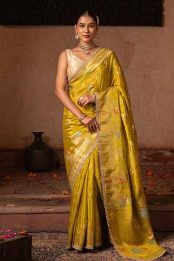Buy_Zal From Benaras_Green Chiffon Handloom Saree With Unstitched Blouse Fabric _at_Aza_Fashions