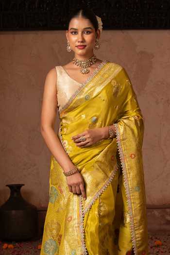 Shop_Zal From Benaras_Green Chiffon Handloom Saree With Unstitched Blouse Fabric _Online_at_Aza_Fashions