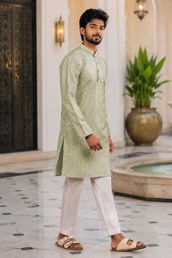 Shop_Jhambthreads_Green Silk Printed Pastel Kurta And Pant Set _Online_at_Aza_Fashions