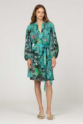 Buy_Inoa_Blue Silk V-neck Allium Floral Print Dress With Belt _at_Aza_Fashions