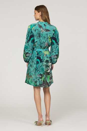 Shop_Inoa_Blue Silk V-neck Allium Floral Print Dress With Belt _at_Aza_Fashions