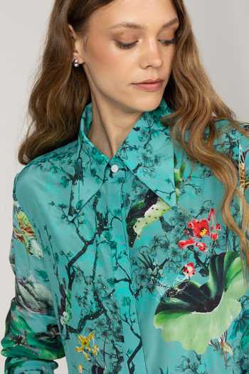 Inoa_Blue Silk Collared Neck Anaya Flower Print Shirt _Online_at_Aza_Fashions