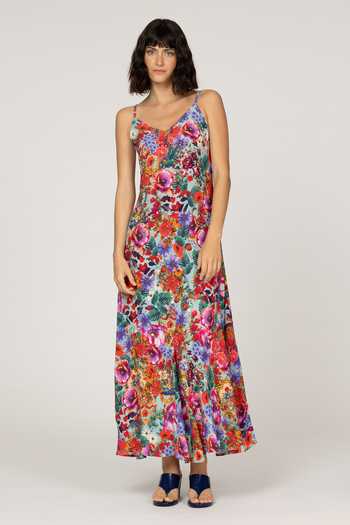 Inoa_Multi Color Silk V-neck Aria Printed Dress _Online_at_Aza_Fashions