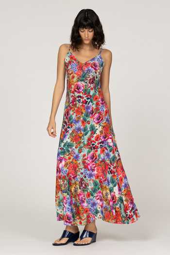Inoa_Multi Color Silk V-neck Aria Printed Dress _at_Aza_Fashions