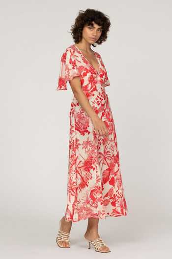 Inoa_Multi Color Silk V-neck Aster Flower Print Dress _Online_at_Aza_Fashions