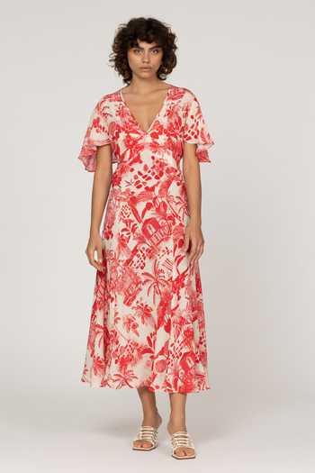 Buy_Inoa_Multi Color Silk V-neck Aster Flower Print Dress _at_Aza_Fashions