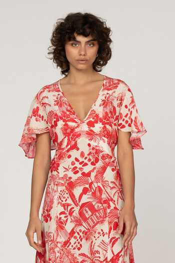 Shop_Inoa_Multi Color Silk V-neck Aster Flower Print Dress _Online_at_Aza_Fashions