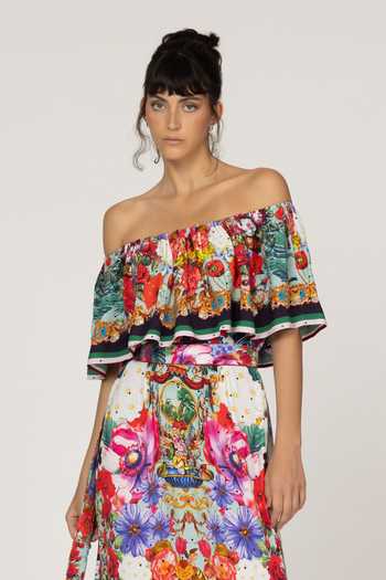 Shop_Inoa_Multi Color Silk Off-shoulder Blossom Print Dress _Online_at_Aza_Fashions