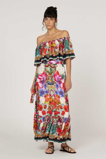 Buy_Inoa_Multi Color Silk Off-shoulder Blossom Print Dress _at_Aza_Fashions