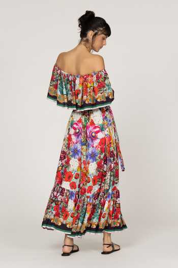 Inoa_Multi Color Silk Off-shoulder Blossom Print Dress _at_Aza_Fashions
