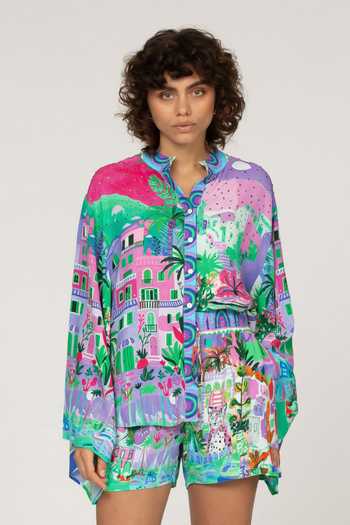 Buy_Inoa_Multi Color Silk Mandarin Collar Cherry Printed Shirt _Online_at_Aza_Fashions