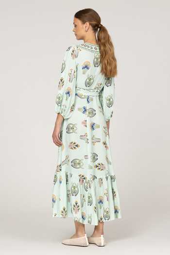 Shop_Inoa_Multi Color Silk V-neck Daisy Print Dress With Belt _at_Aza_Fashions