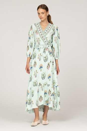 Inoa_Multi Color Silk V-neck Daisy Print Dress With Belt _Online_at_Aza_Fashions
