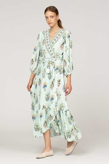 Buy_Inoa_Multi Color Silk V-neck Daisy Print Dress With Belt _at_Aza_Fashions