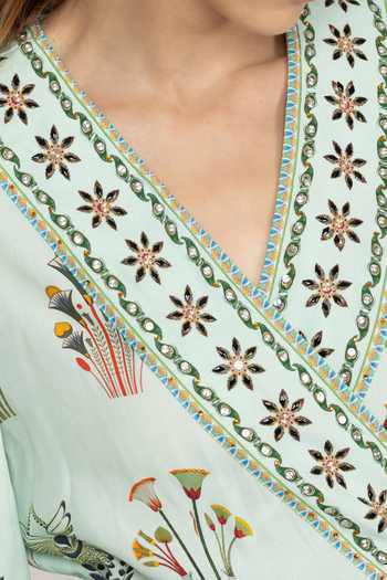 Buy_Inoa_Multi Color Silk V-neck Daisy Print Dress With Belt _Online_at_Aza_Fashions