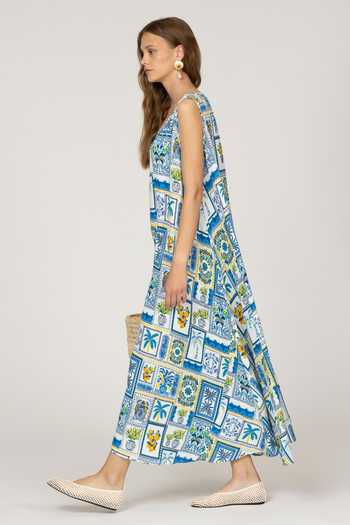 Inoa_White Silk V-neck Daphne Floral Print Dress _Online_at_Aza_Fashions