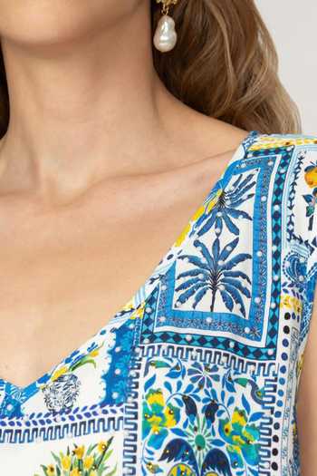 Shop_Inoa_White Silk V-neck Daphne Floral Print Dress _Online_at_Aza_Fashions