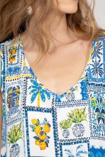 Inoa_White Silk V-neck Daphne Floral Print Dress _at_Aza_Fashions
