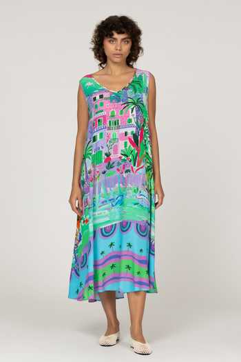 Buy_Inoa_Multi Color Silk V-neck Daphne Floral Print Dress _at_Aza_Fashions