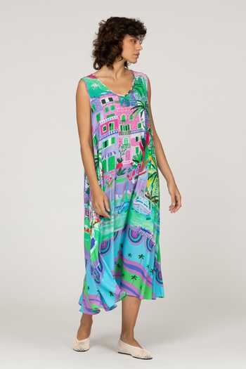 Inoa_Multi Color Silk V-neck Daphne Floral Print Dress _Online_at_Aza_Fashions