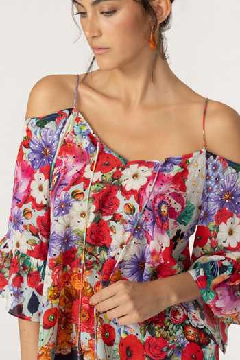 Inoa_Multi Color Silk Off-shoulder Gipsy Floral Print Top _Online_at_Aza_Fashions