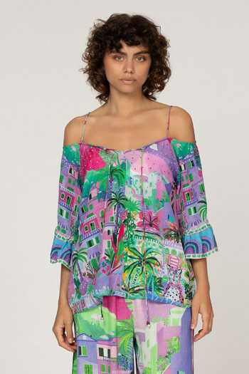 Buy_Inoa_Multi Color Silk Off-shoulder Gipsy Floral Print Top _Online_at_Aza_Fashions