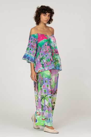 Inoa_Multi Color Silk Off-shoulder Gipsy Floral Print Top _at_Aza_Fashions