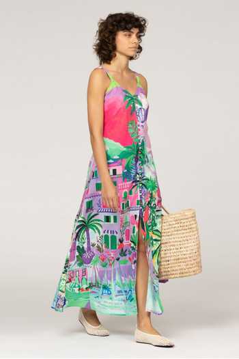 Inoa_Multi Color Polyester, Linen V-neck Greca Floral Print Dress _Online_at_Aza_Fashions