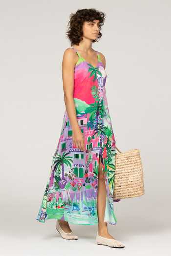 Buy_Inoa_Multi Color Polyester, Linen V-neck Greca Floral Print Dress _Online_at_Aza_Fashions