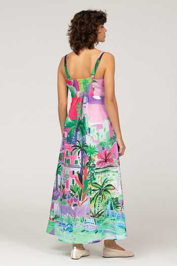 Shop_Inoa_Multi Color Polyester, Linen V-neck Greca Floral Print Dress _at_Aza_Fashions