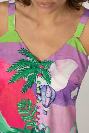 Shop_Inoa_Multi Color Polyester, Linen V-neck Greca Floral Print Dress _Online_at_Aza_Fashions