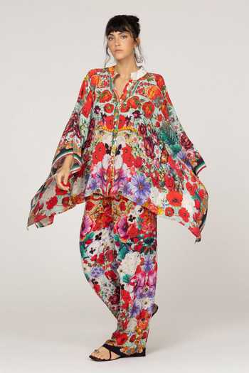 Buy_Inoa_Multi Color Silk Mandarin Collar Laila Floral Print Top _at_Aza_Fashions