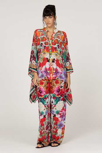 Inoa_Multi Color Silk Mandarin Collar Laila Floral Print Top _Online_at_Aza_Fashions