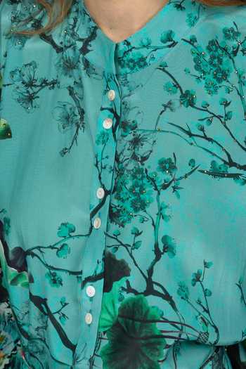 Inoa_Blue Silk Mandarin Collar Laila Floral Print Top _Online_at_Aza_Fashions