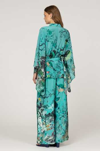 Shop_Inoa_Blue Silk Mandarin Collar Laila Floral Print Top _at_Aza_Fashions
