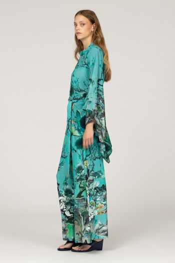 Buy_Inoa_Blue Silk Mandarin Collar Laila Floral Print Top _Online_at_Aza_Fashions