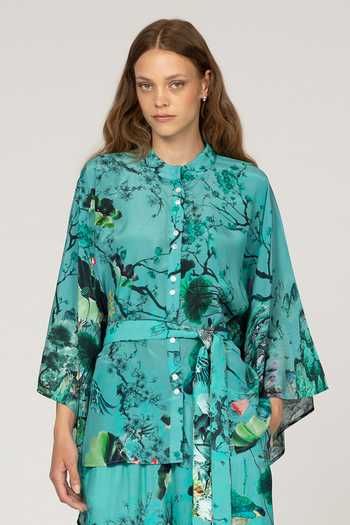 Shop_Inoa_Blue Silk Mandarin Collar Laila Floral Print Top _Online_at_Aza_Fashions