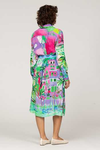 Shop_Inoa_Multi Color Silk Collared Neck Lupine Printed Dress _at_Aza_Fashions